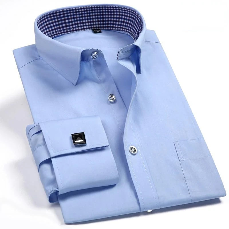 Quality Gentle Formal Men's Dress Shirt with French Cuff, Long Sleeve Solid & Striped Styles, Plus Size & Cufflinks Included