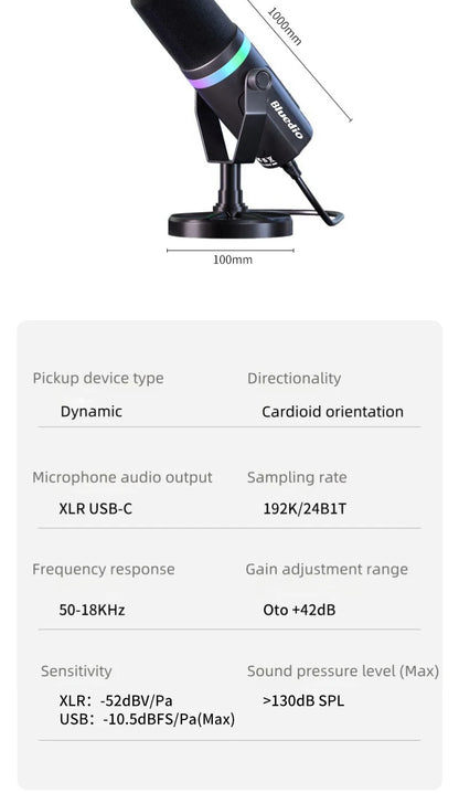 Bluedio S3000 Microphone - USB/XLR Dynamic Mic for Gaming, Streaming, and PS5/4 with Headphone Jack, RGB, and Mute Function