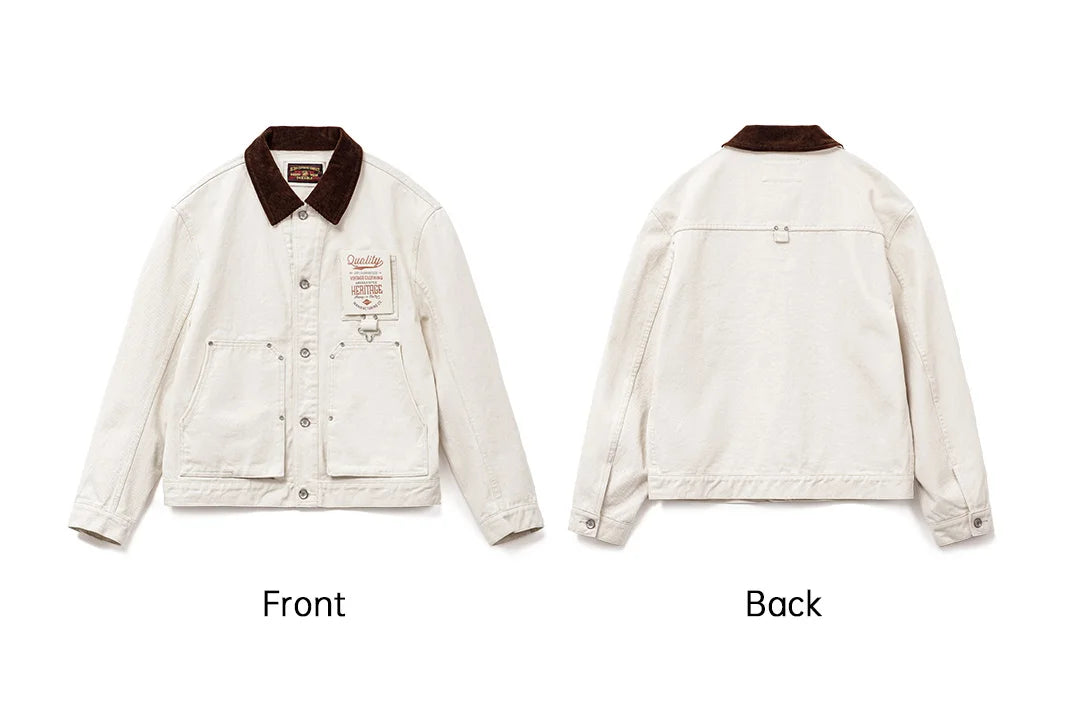 Maden Men's Retro French J22 Jacket Heavyweight White Cottonseed Shell Safari Coat Corduroy Collar Spring/Fall Hunting Outerwear