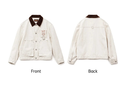 Maden Men's Retro French J22 Jacket Heavyweight White Cottonseed Shell Safari Coat Corduroy Collar Spring/Fall Hunting Outerwear