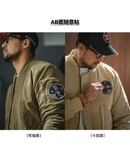 Maden Reversible MA-1 Flight Jackets for Men Baseball Collar Small Square Texture Fall and Winter Thickened Coats Cotton Jacket