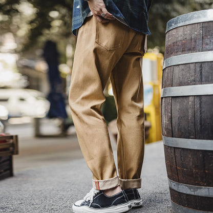 Maden Men‘s Khaki 11.7oz Selvedge Raw Jeans Vintage Straight-Leg Cowboy Pants Casual Zip Fly Cotton Trousers for Spring Autumn