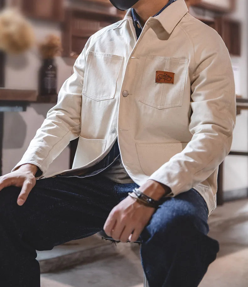 Maden Workwear French Vintage Square Neck White Denim Jacket Large Pocket Raglan Men's Top Early Autumn Coat