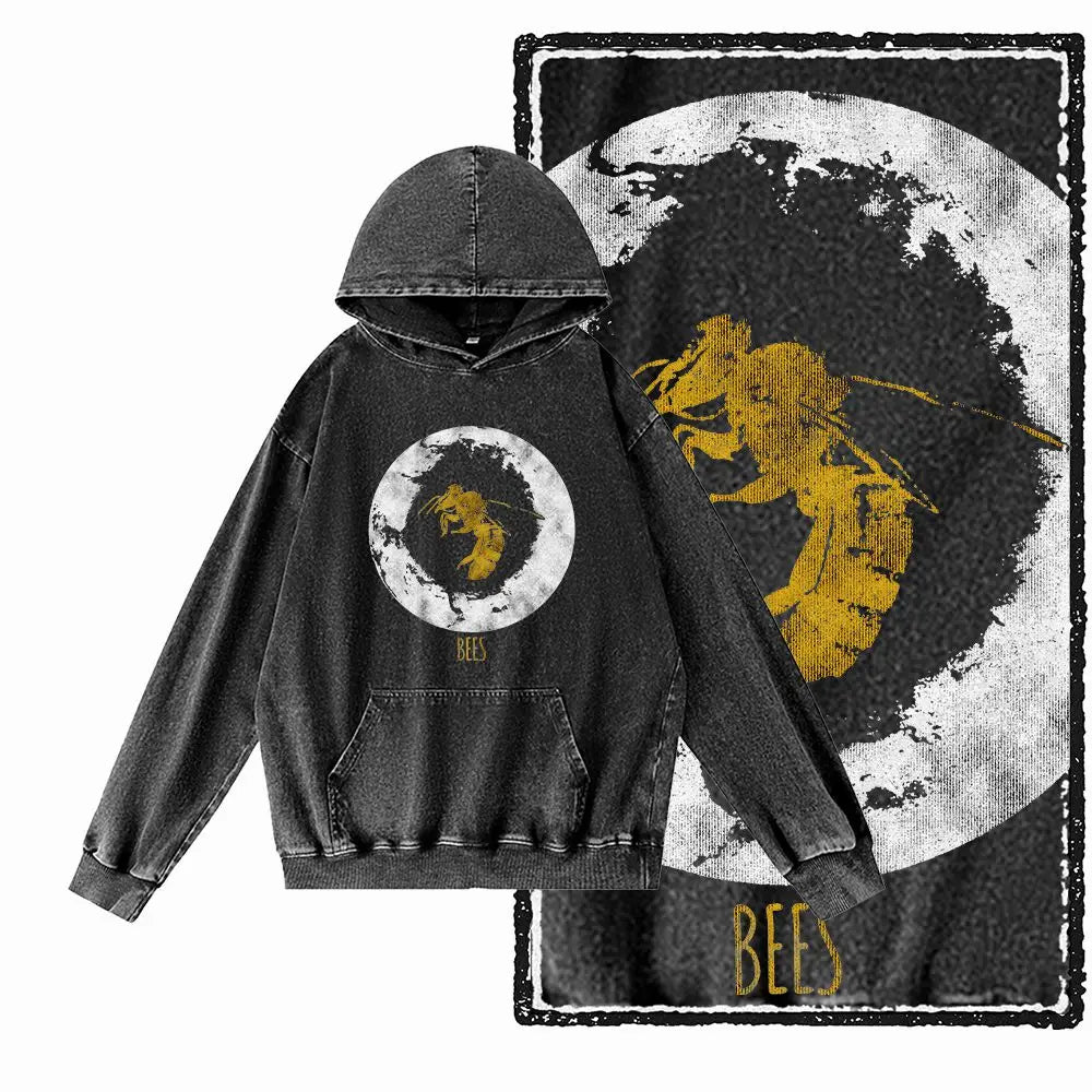 Hive Mind Bees Graphic Acid-Washed Black Hoodie