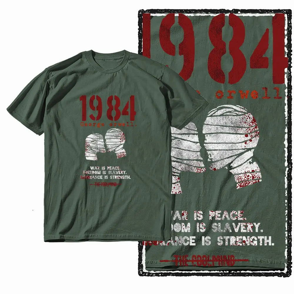 G01 Army Green Cotton Big Size 1984 Graphic Men T-shirt | Streetwear Cool Vintage O-neck Men's Tee Tshirt
