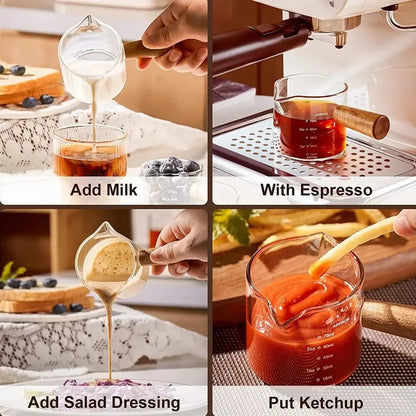 Glass Measuring Cup with Wood Handle - Double Spout Espresso Milk Coffee Mug for Baking and Kitchen Use