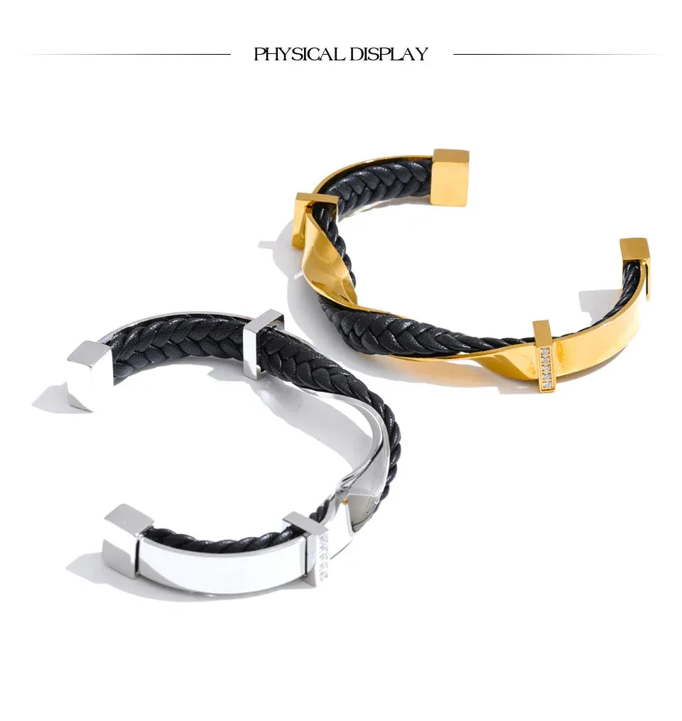 68mm Black Leather Stainless Steel Twisted Cuff Bracelet - ShopHub