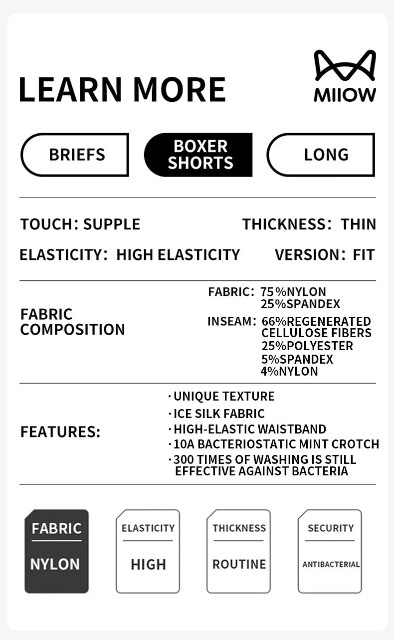 MiiOW Silky Ice Silk Men's Underwear - 3Pcs Antibacterial Seamless Breathable Boxers