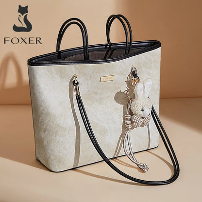 FOXER Designer Women's Tote Bag High Quality PVC Leather Female Handbag Trendy Casual Commuter Shoulder Bag with Pendant