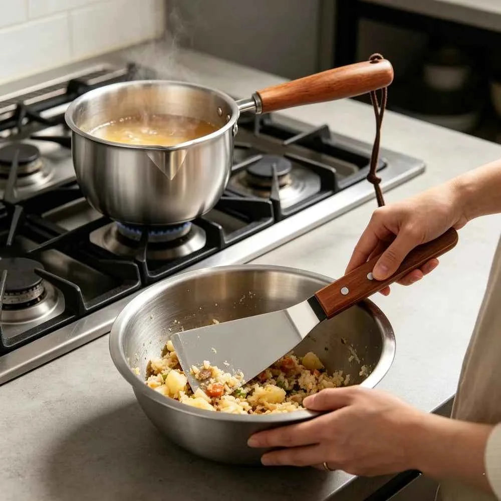 2Pcs Kitchen Accessories, 10oz Stainless Steel Pot with Wood Handle & Cake Spatula, Durable Kitchen Tools, Daily Kitchen Items