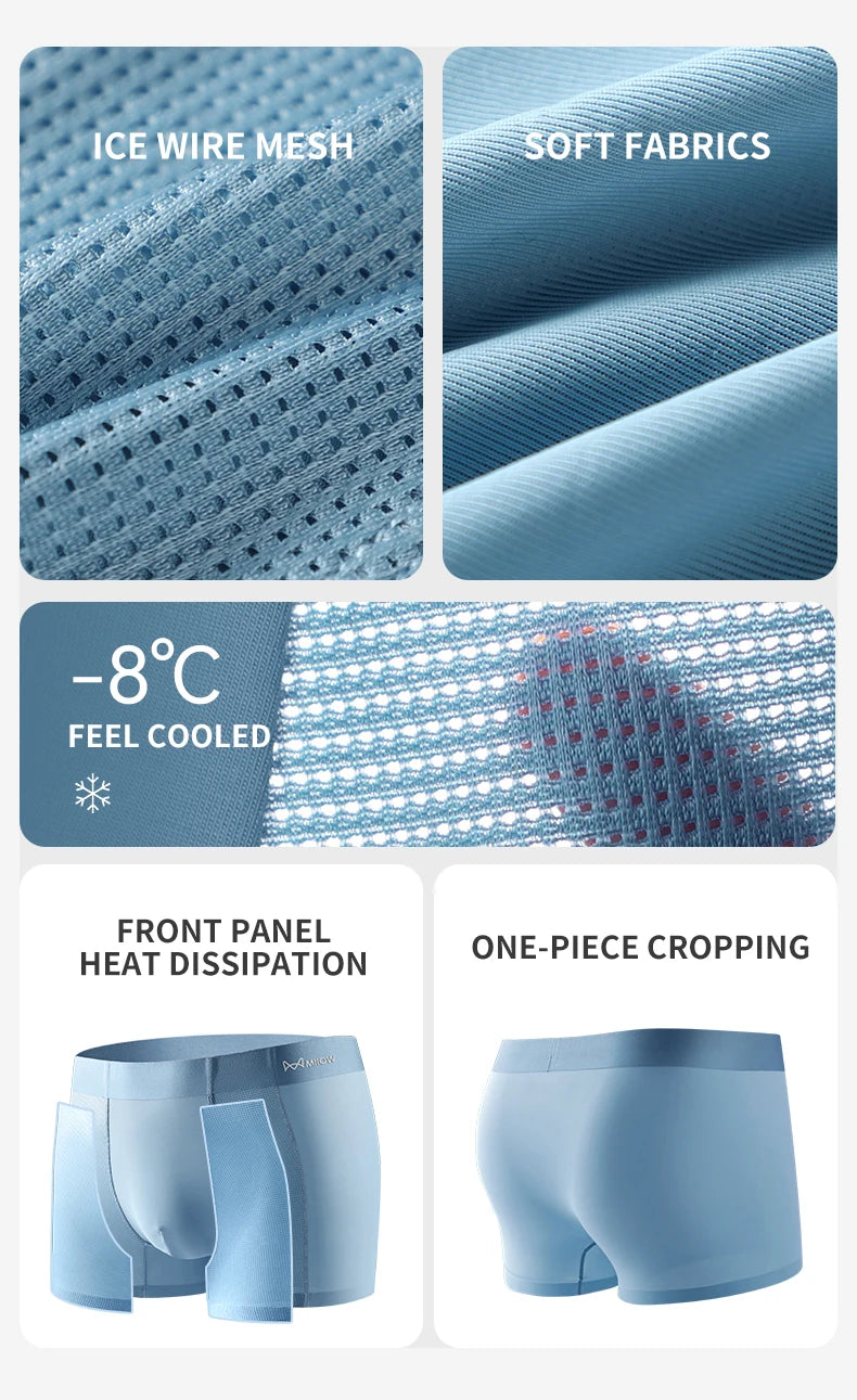 MIIOW Men's Breathable Underwear Set - Ice Silk Mesh Antibacterial Cotton Crotch Seamless Boxers