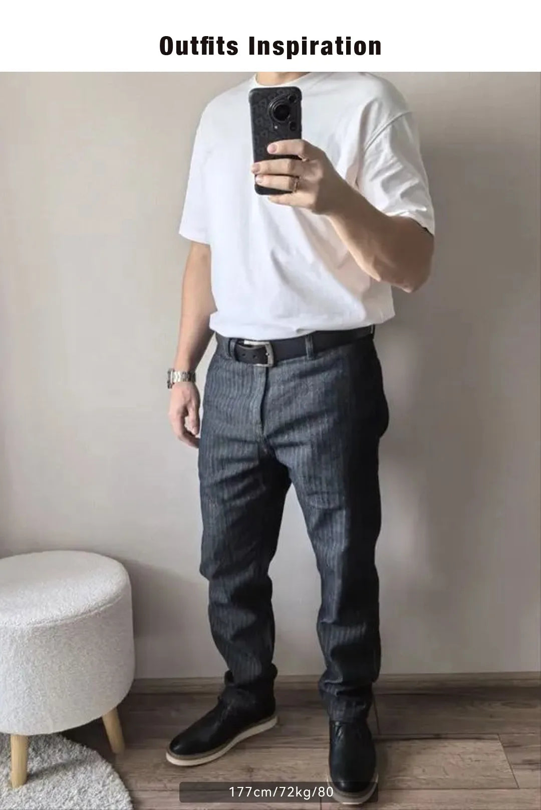 Maden Men's Vintage 12.8oz Grey Striped Jeans Straight Zip Fly with Pockets Tapered Pants Versatile Herringbone Cotton Trousers