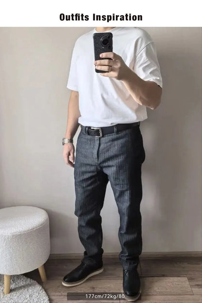 Maden Men's Vintage 12.8oz Grey Striped Jeans Straight Zip Fly with Pockets Tapered Pants Versatile Herringbone Cotton Trousers