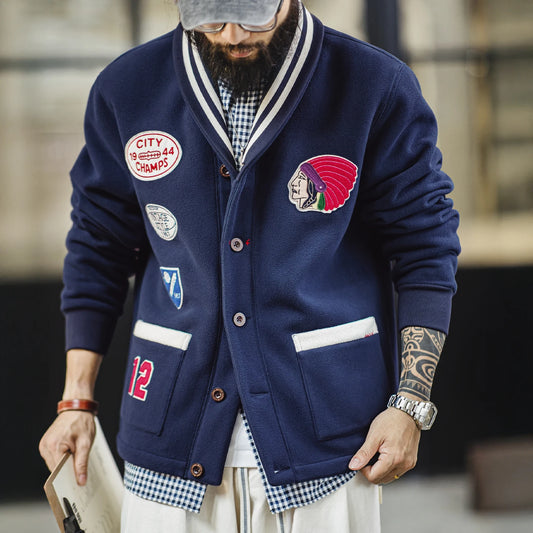 Maden Vintage Men's Fleece Baseball Jacket Color Block Shawl Collar Thermal Short Coat with Embroidered Badge for Fall Winter