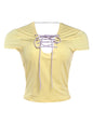 Kliou Cross Bandage Decoration T-Shirts Woman Summer Trend Low-Neck Backless Short Sleeve Skinny Stretch Street Fashion Tees