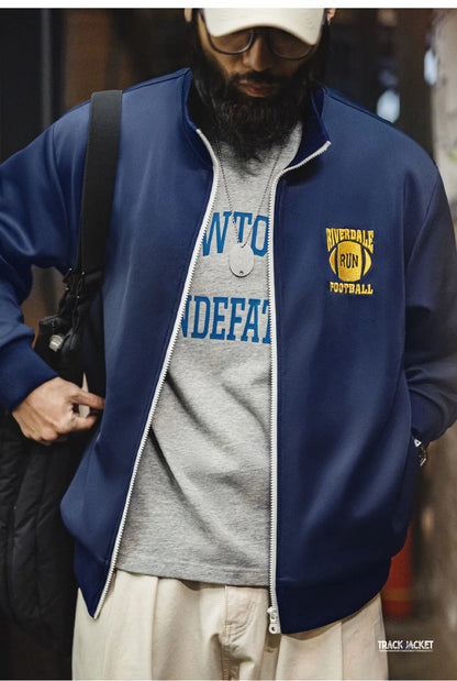 Maden Casual College Style Color-Block Embroidered Jacket Men's Spring Stand Collar Loose Fit Coat Zip-Up Retro Hoodie Cardigan