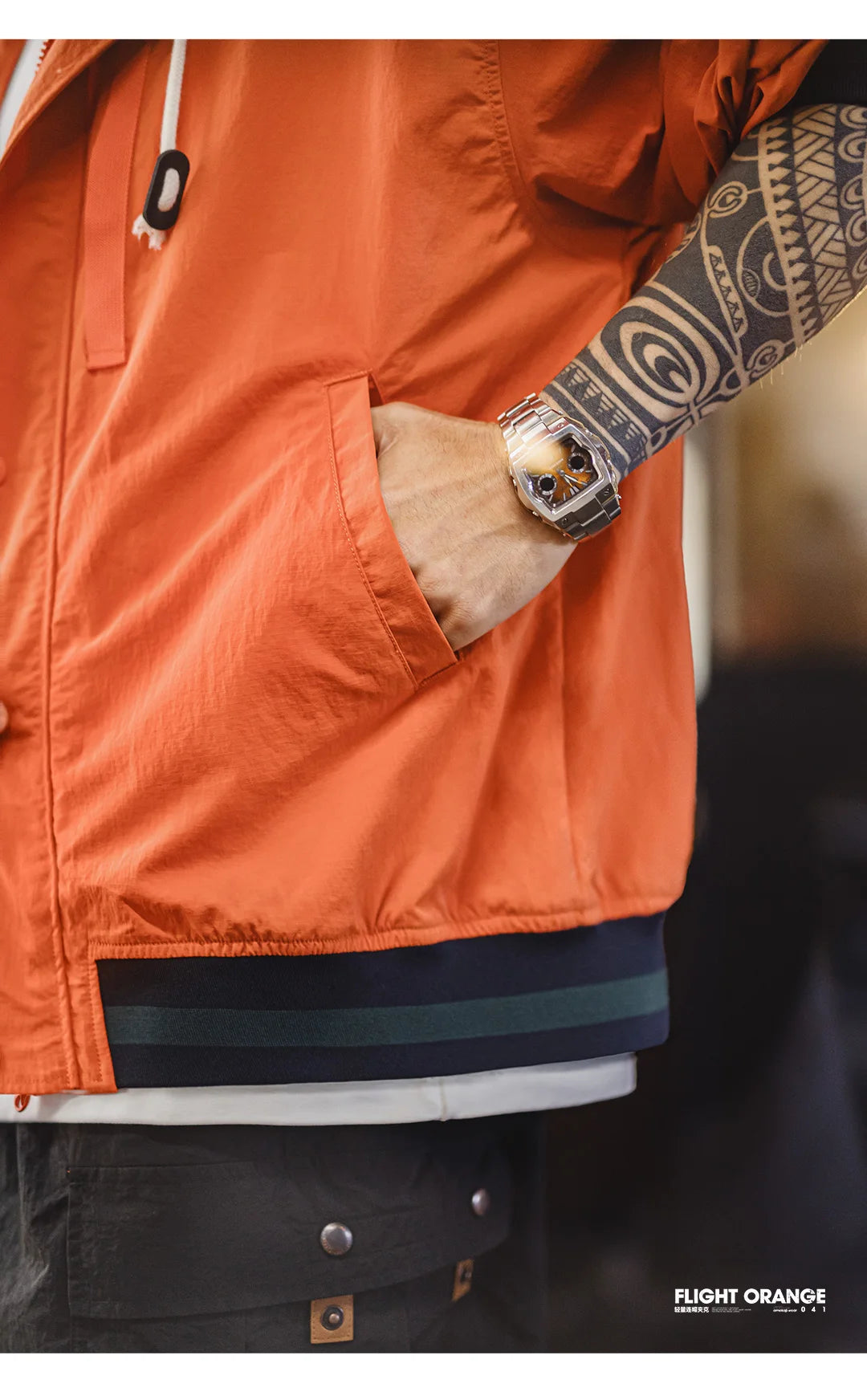 Maden Men's Retro Patchwork Color-Block Hooded Flight Jacket Orange Bomber Jacket Casual Zip-Up Lightweight Spring Fall Outwear