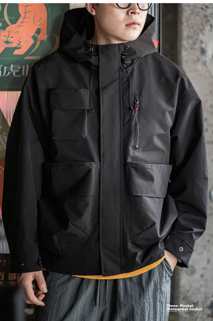 Maden Casual Multi-Pocket Functional Hooded Jacket Black Loose Outdoor Sports Coat for Men's Spring and Autumn Versatile Jacket