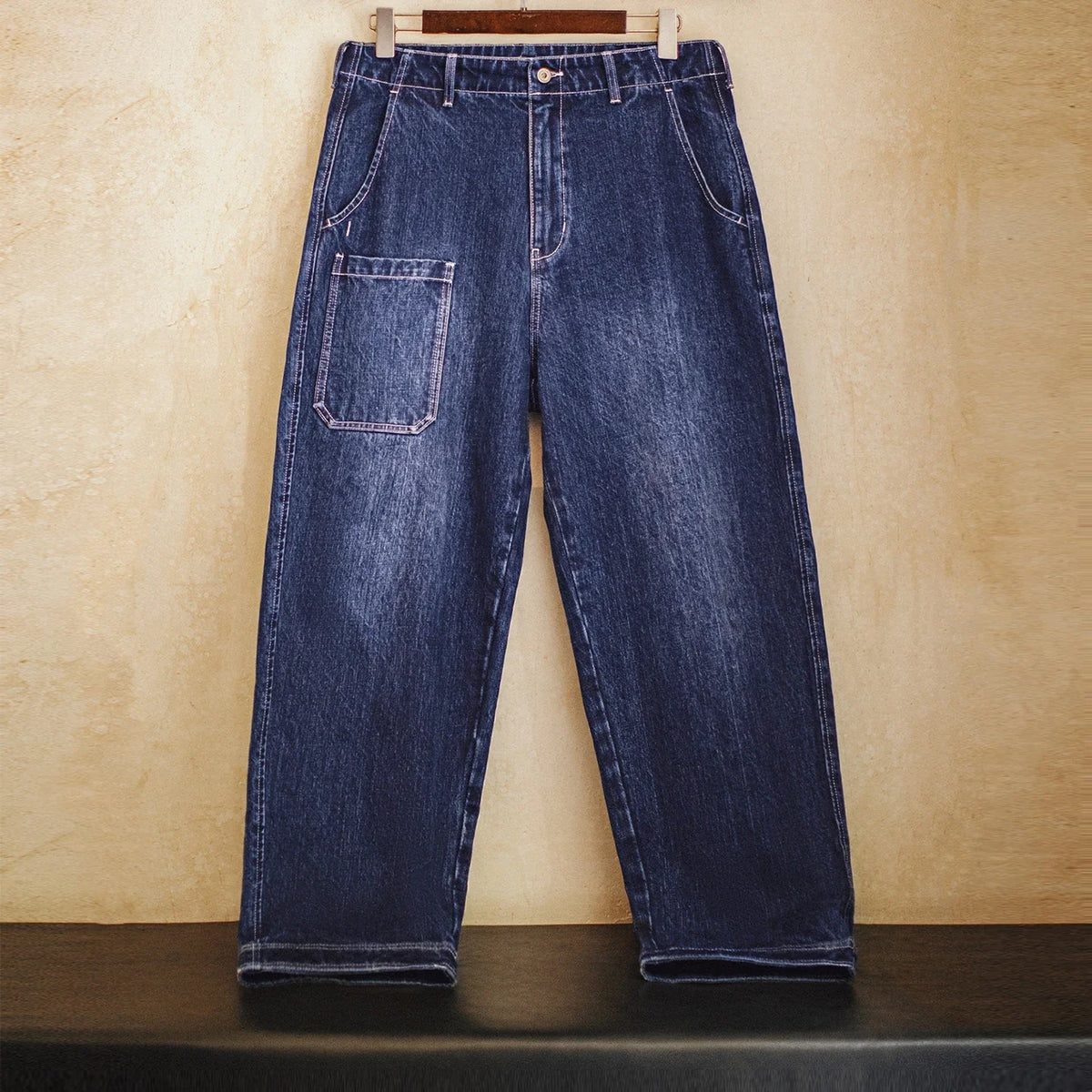 Maden 15oz Slub Cotton Denim Jeans Vintage Men's Washed Blue Straight Tapered Trousers Pants with Pockets for Men Autumn Winter