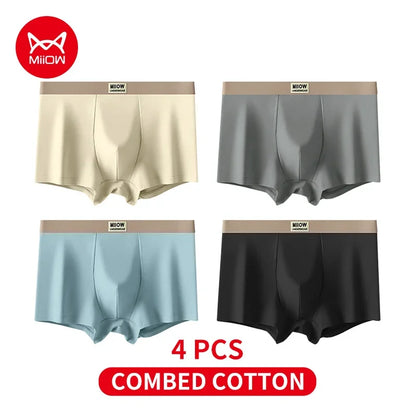 MiiOW 4Pcs Cotton Men's Underwear Soft Antibacterial U-shaped Crotch Breathable Boxer Briefs