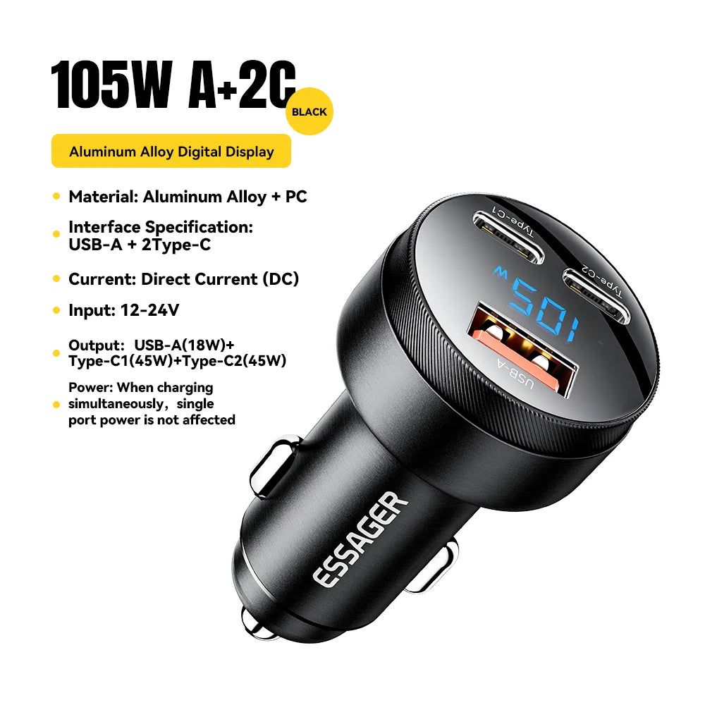Essager 105W USB Car Charger with Quick Charge 4.0, QC3.0, and USB PD support