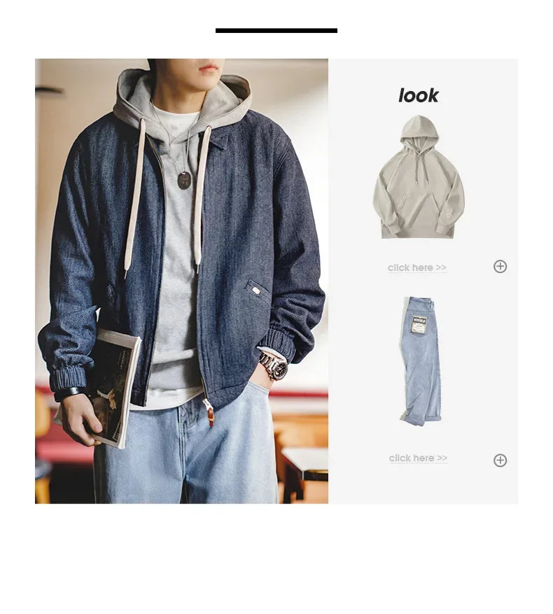 Maden New Vintage Denim Jacket Loose Fit Lapel Zipper Jacket for Men’s Spring and Autumn Fashion Short Blue Versatile Coats