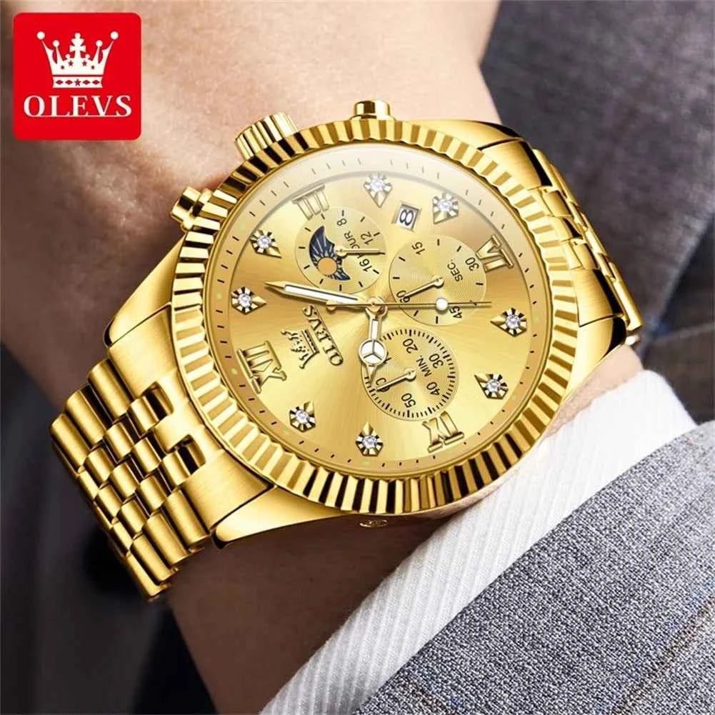 OLEVS 2932 Mens Luxury Watch - Original Brand Calendar Quartz Moon Phase Multifunctional Chronograph for Men Gifts