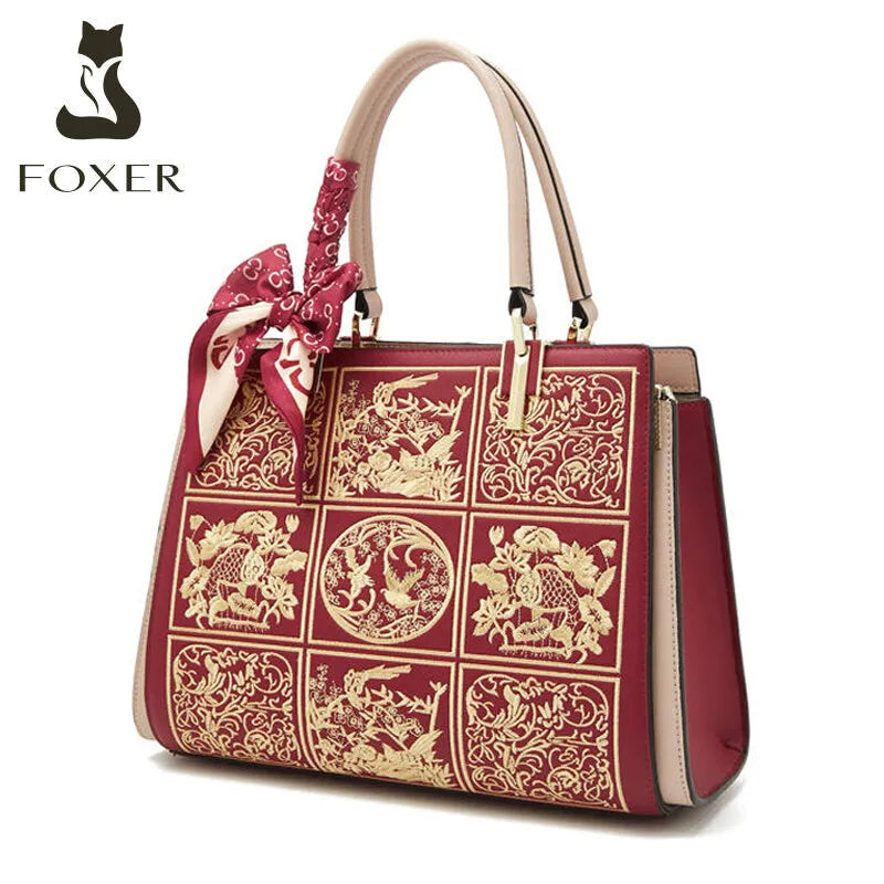 FOXER Women's Shoulder Handbag New Office Lady Crossbody Bag Medium Tote Chic Split Leather Silk Scarf Printing Pocket Mom's Bag