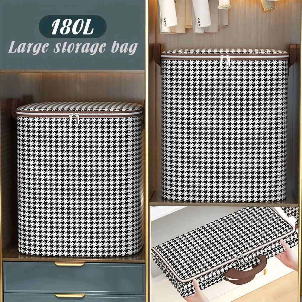 Houndstooth Canvas Storage Bin with Zippers & Handles, Organizer for Clothes, Sewing Supplies, Under-Bed & Travel Storage