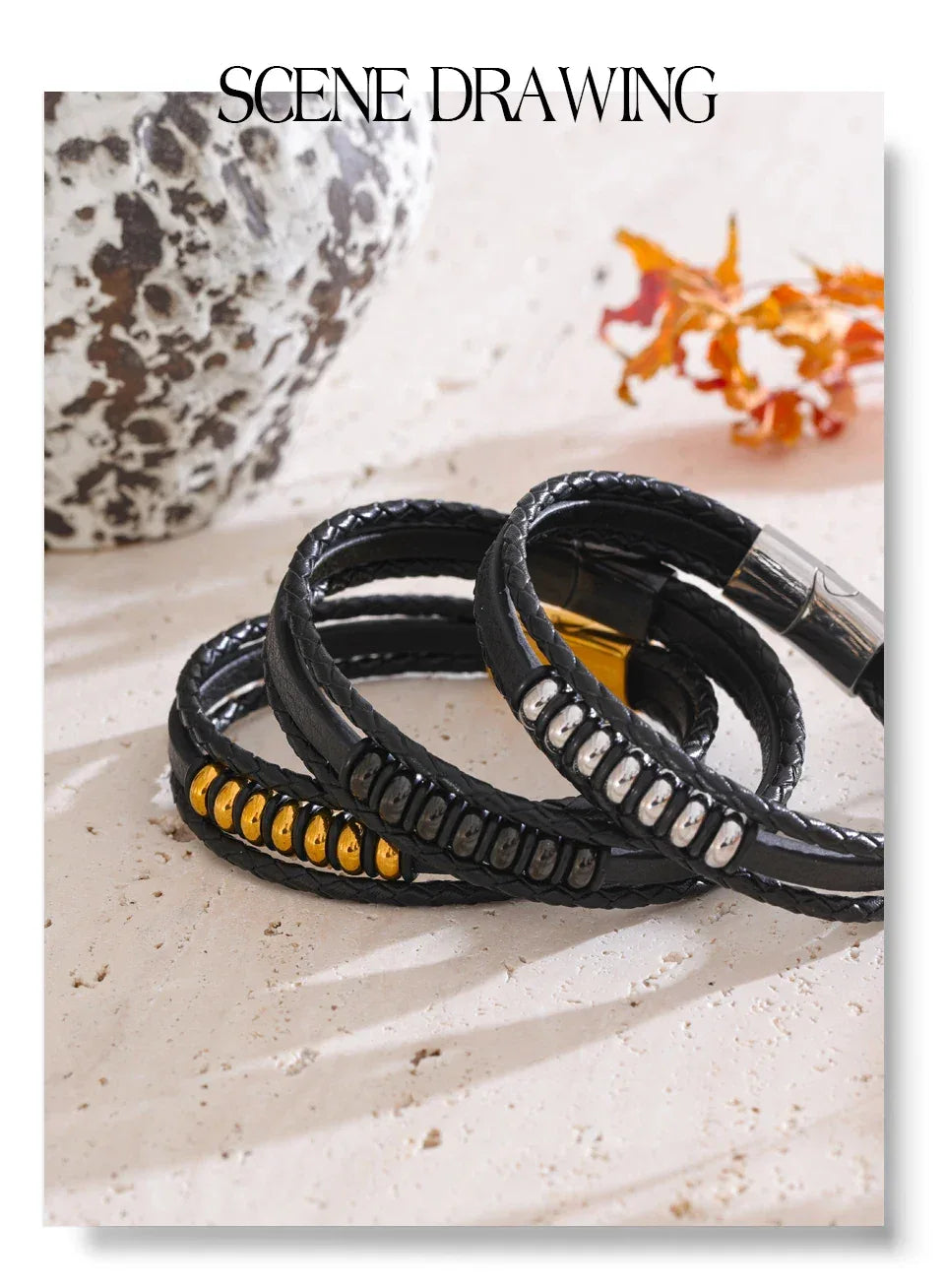 Stylish Black Fibre Leather Layered Men's Wrist Bracelet Bangle - ShopHub