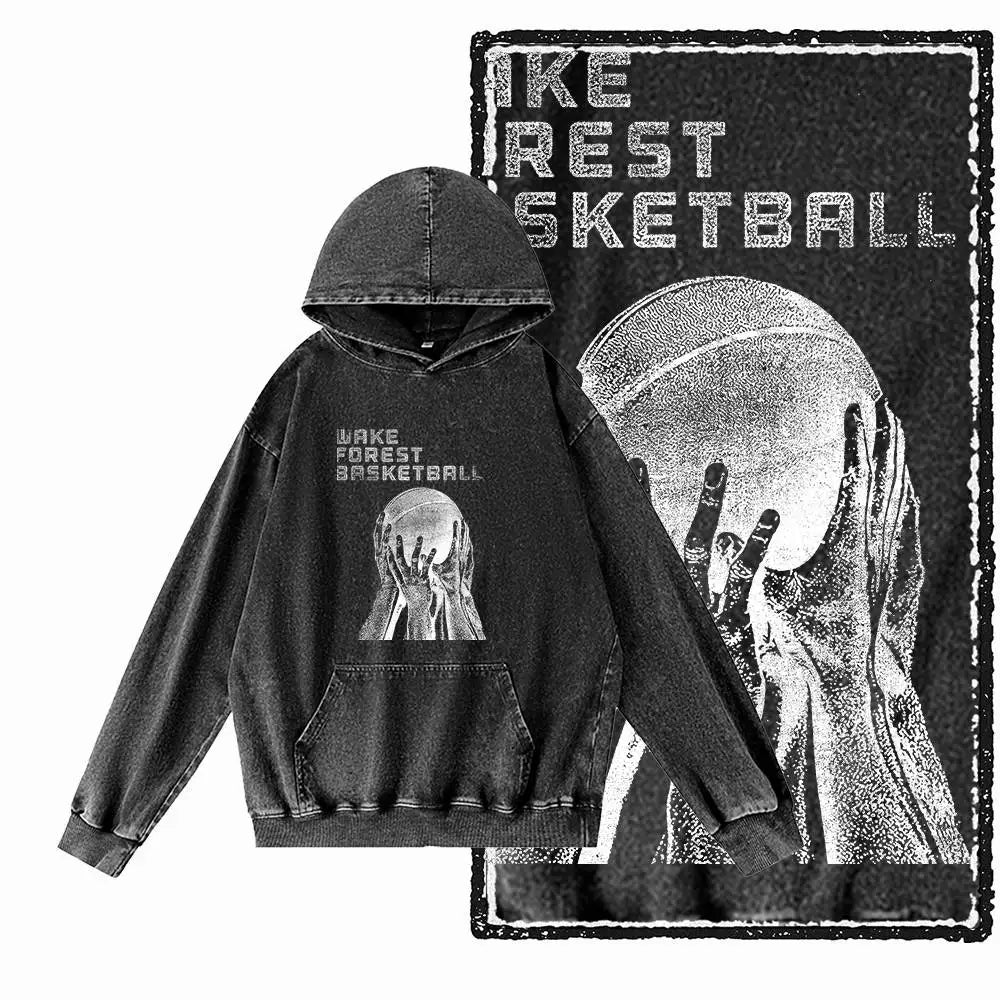 Courtside Basketball Graphic Acid-Washed Black Hoodie