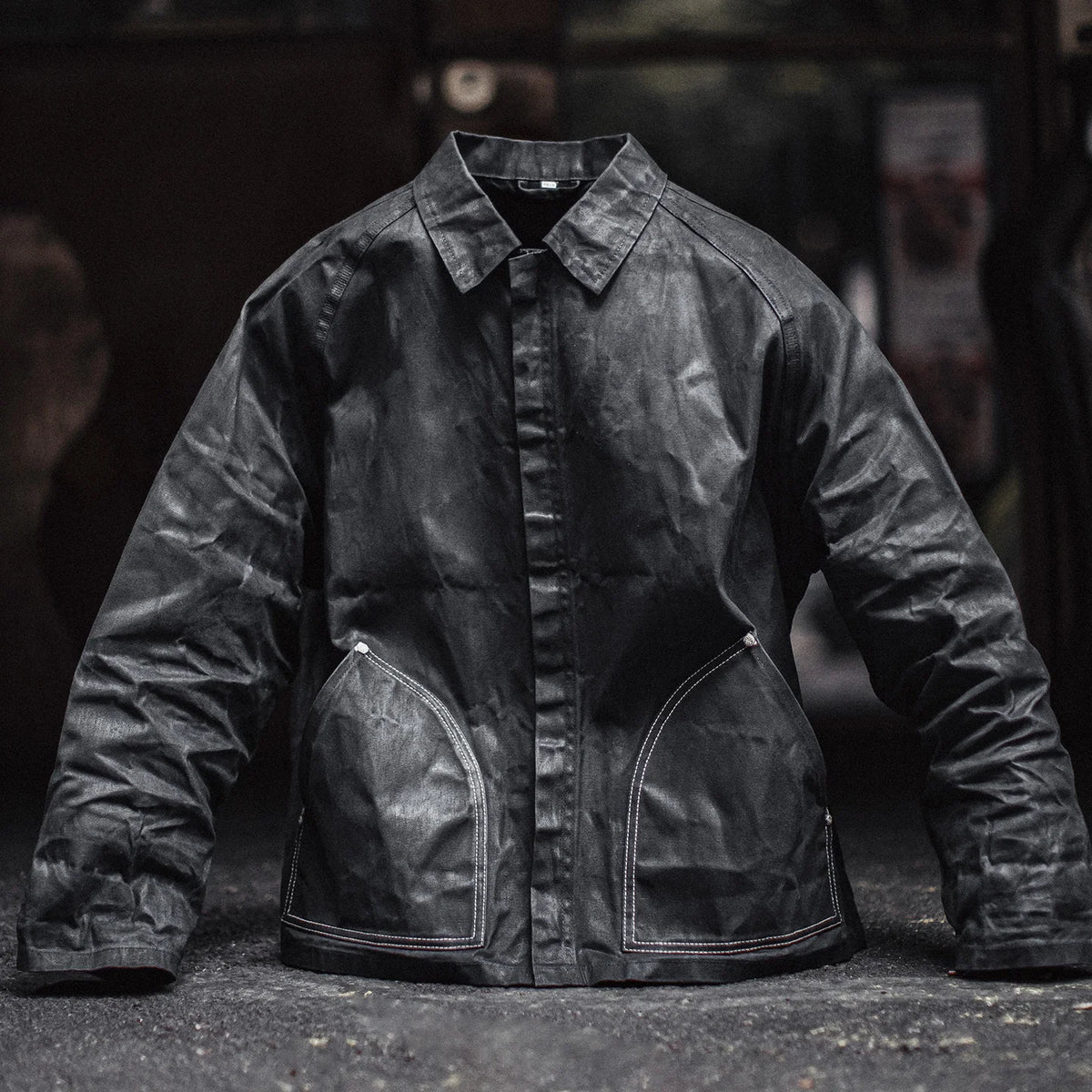 Maden Black Oil Waxed Canvas Hunting Jacket Contrast Topstitching Rugged Cropped Outerwear Casual Short Length for Men Autumn