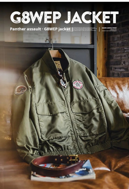 Maden Vintage Military Style G8WEP Jacket Men's Short Length Stand Collar Tactical Coat Green Lightweight Zip-Up Field Jacket