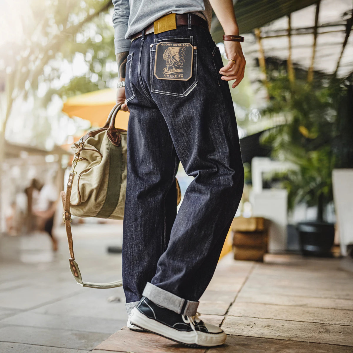 Maden Men's Vintage 12oz Washed Denim Jeans Straight Wide Leg Blue Trousers Loose Fit Zip Fly Casual Pants for Fall and Winter