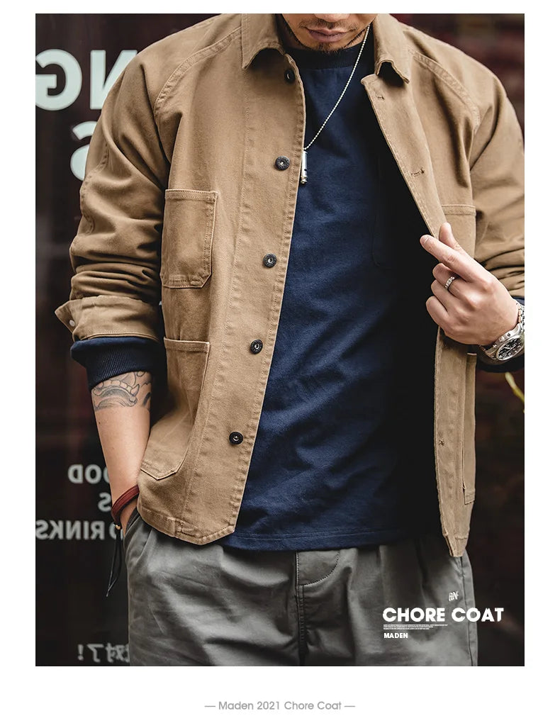 Maden Heavyweight Twill Fabric Four-pocket Chore Coat for Men Khaki Color Turn-down Collar Utility Jacket Male Autumn Jackets