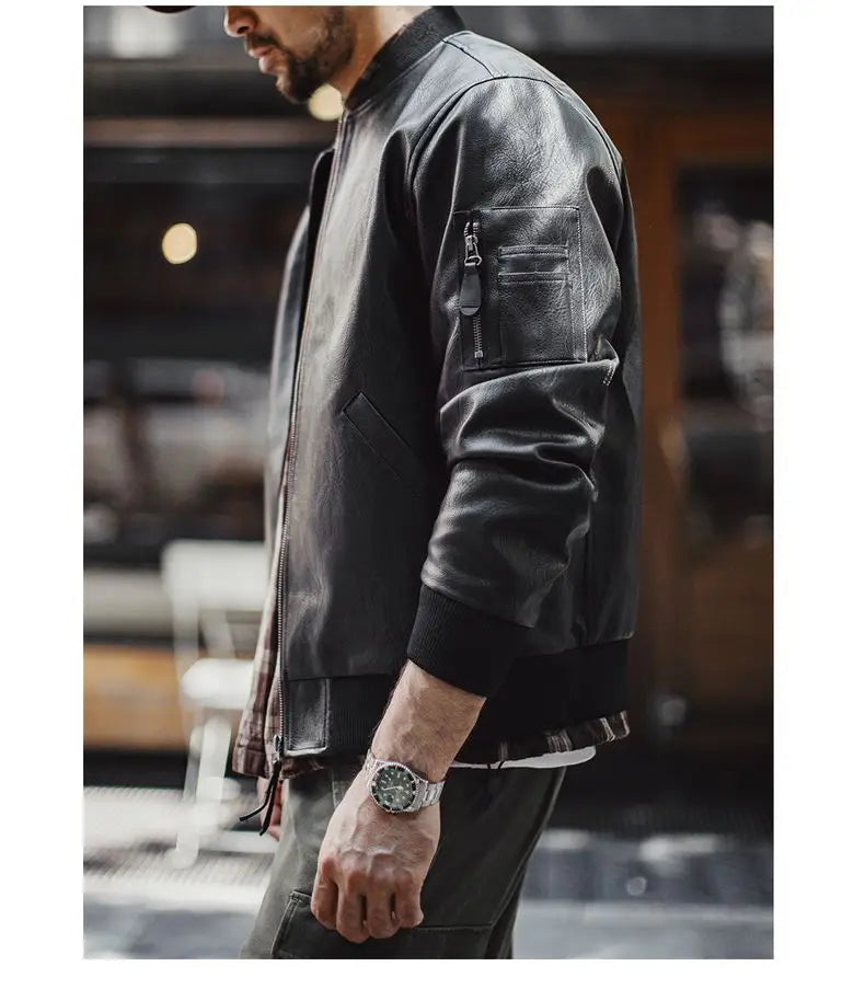 Maden Vintage Men's MA1 Leather Jacket Black Pilot Bomber Jacket Short Zip-up Pocket Baseball Coat Outerwear for Fall Streetwear