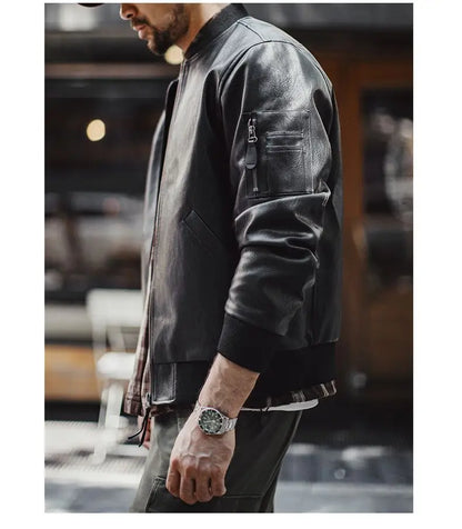 Maden Vintage Men's MA1 Leather Jacket Black Pilot Bomber Jacket Short Zip-up Pocket Baseball Coat Outerwear for Fall Streetwear