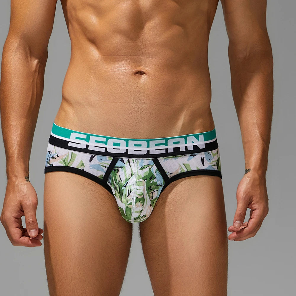 SEOBEAN Men's Printed Briefs Comfortable Breathable Underwear with U Convex Pouch Stylish Triangle Design