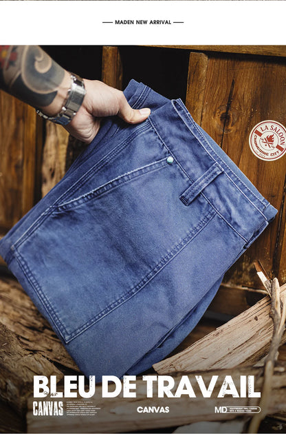 Maden Men‘s Vintage Washed Denim Jeans Blue Cotton Canvas Workwear Zipper Pants Loose Fit Casual Trousers for Spring and Autum