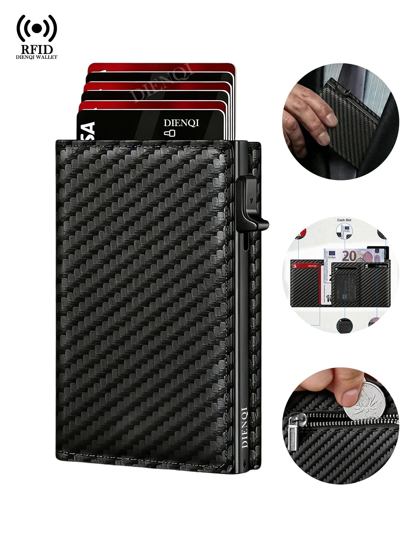 DIENQI Magnetic RFID Wallet – Carbon Fiber Design