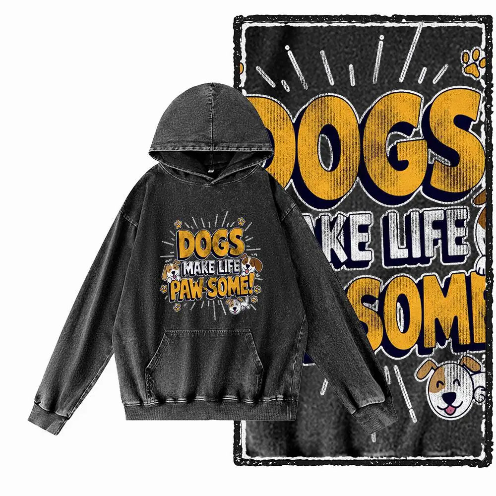 Vintage Dog Graphic Acid-Washed Black Hoodie