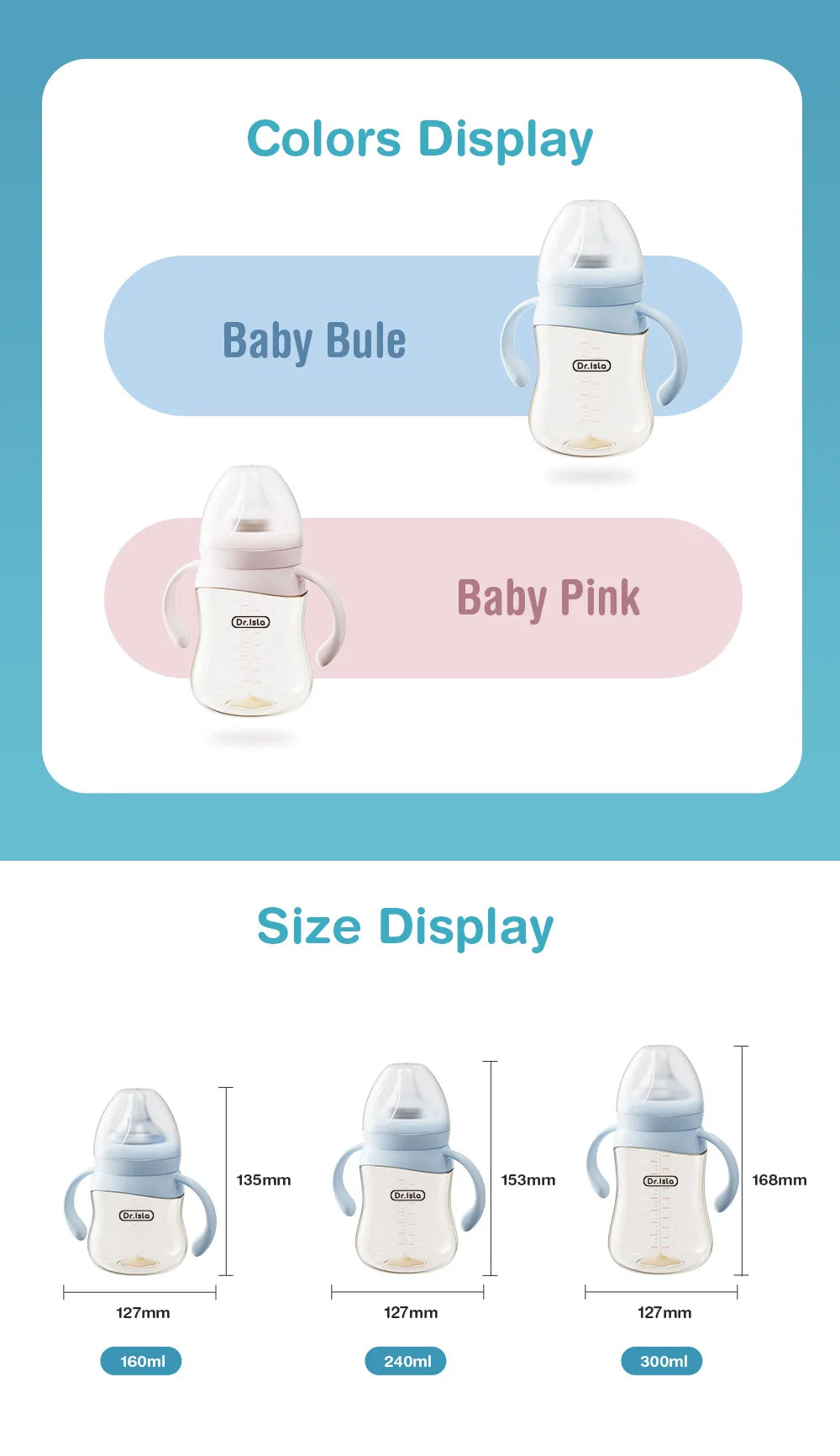 Dr.Isla Baby Bottle 160/240/300ml — Safe, Durable Feeding for Newborns to Toddlers