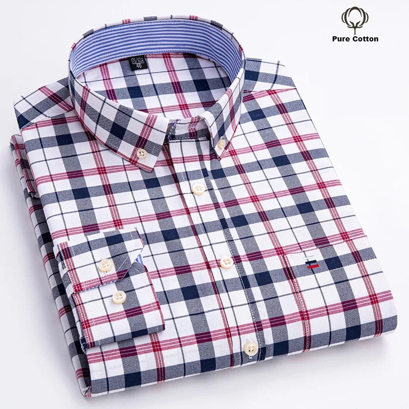 Casual Pure Cotton Oxford Men's Shirt Long Sleeve Plain Solid Regular Fit Fashion Button Dress Shirt
