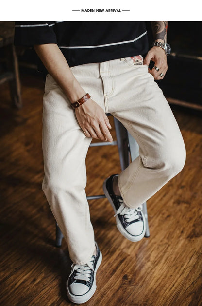 Maden Men's Vintage Heavyweight Washed White Jeans