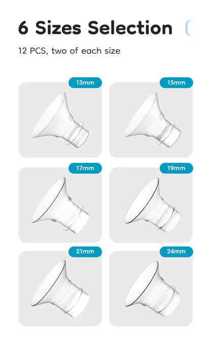 Six sizes of white cylindrical objects with measurements on a gray background