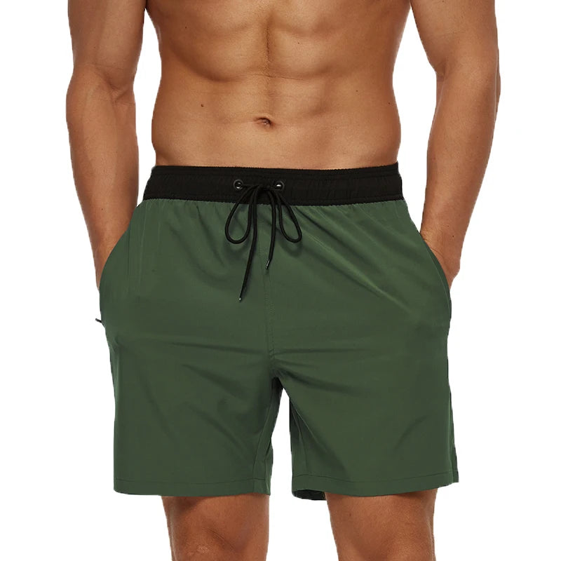 Datifer Brand men's 2026 summer shorts with breathable mesh liner, side pockets, solid polyester fabric, ideal for gym and swimming.