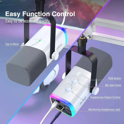 FIFINE USB/XLR Gaming Microphone Kit with Headphone Jack/RGB/Boom Arm,Dynamic Mic Set for PC PS5/4 Mixer AmpliGame White-AM8TW