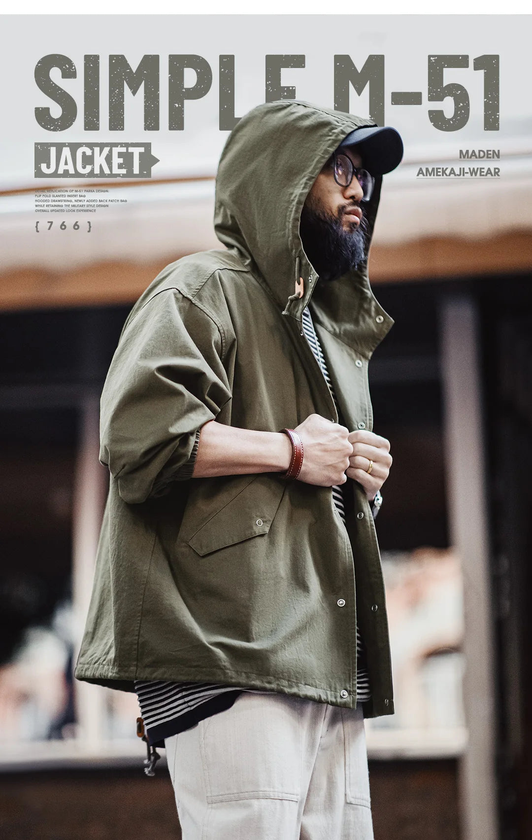 Maden Vintage Green M51 Hooded Jacket Loose Fishtail Short Overcoat Men's Versatile Outwear with Pockets Hidden Button Placket