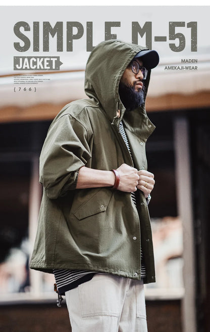 Maden Vintage Green M51 Hooded Jacket Loose Fishtail Short Overcoat Men's Versatile Outwear with Pockets Hidden Button Placket