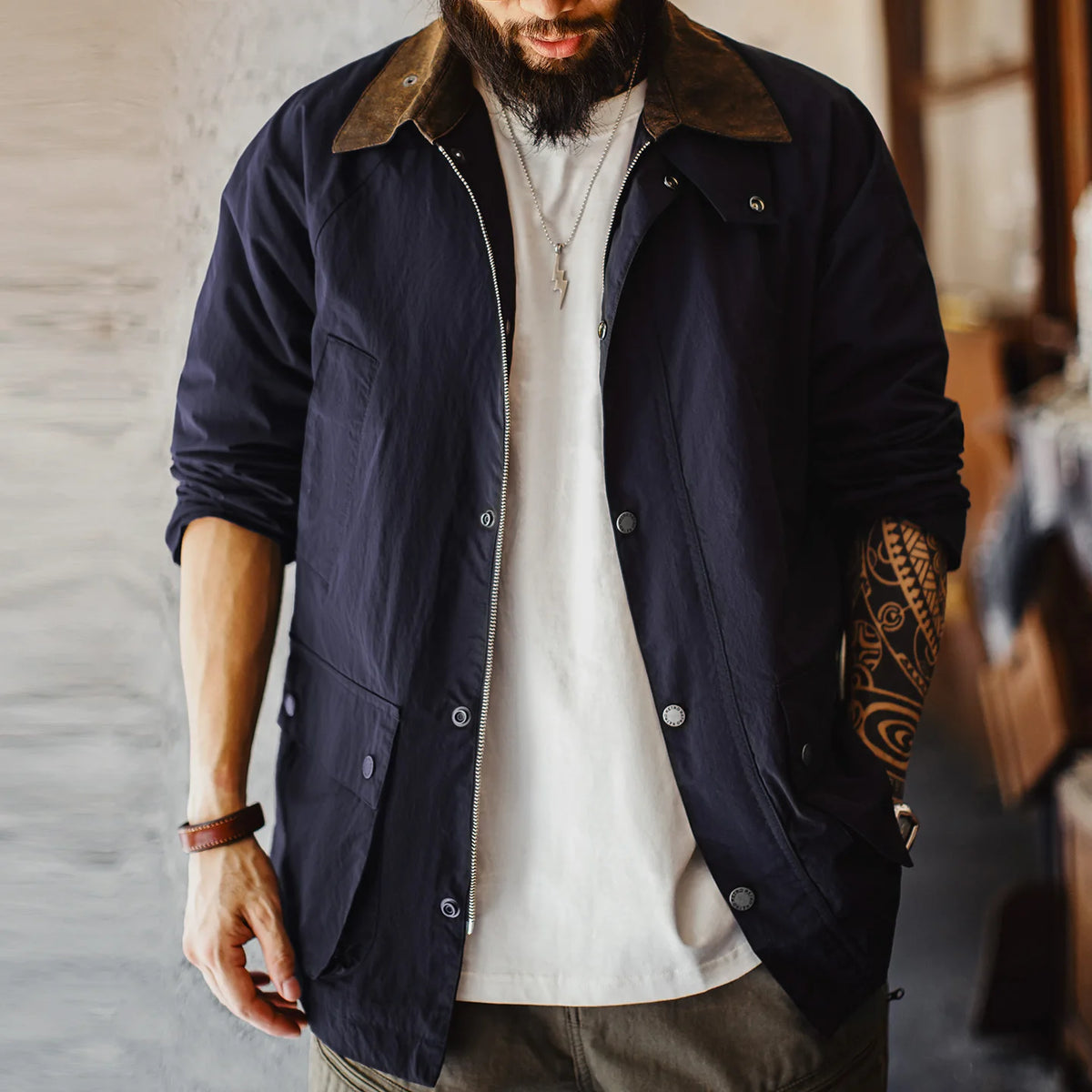 Maden Vintage Men's Blue Safari Jacket Waterproof Hunting Coat Loose Fit Windproof Contrast Collar Windbreak  for Spring Fall